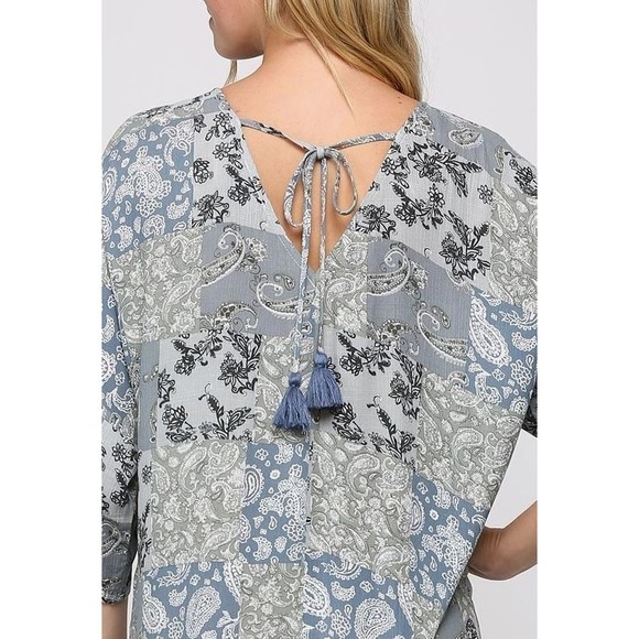 New GIGIO Size S M L Patchwork Print Twist V Neck Midi Dress Back Tassel Tie - Picture 4 of 4